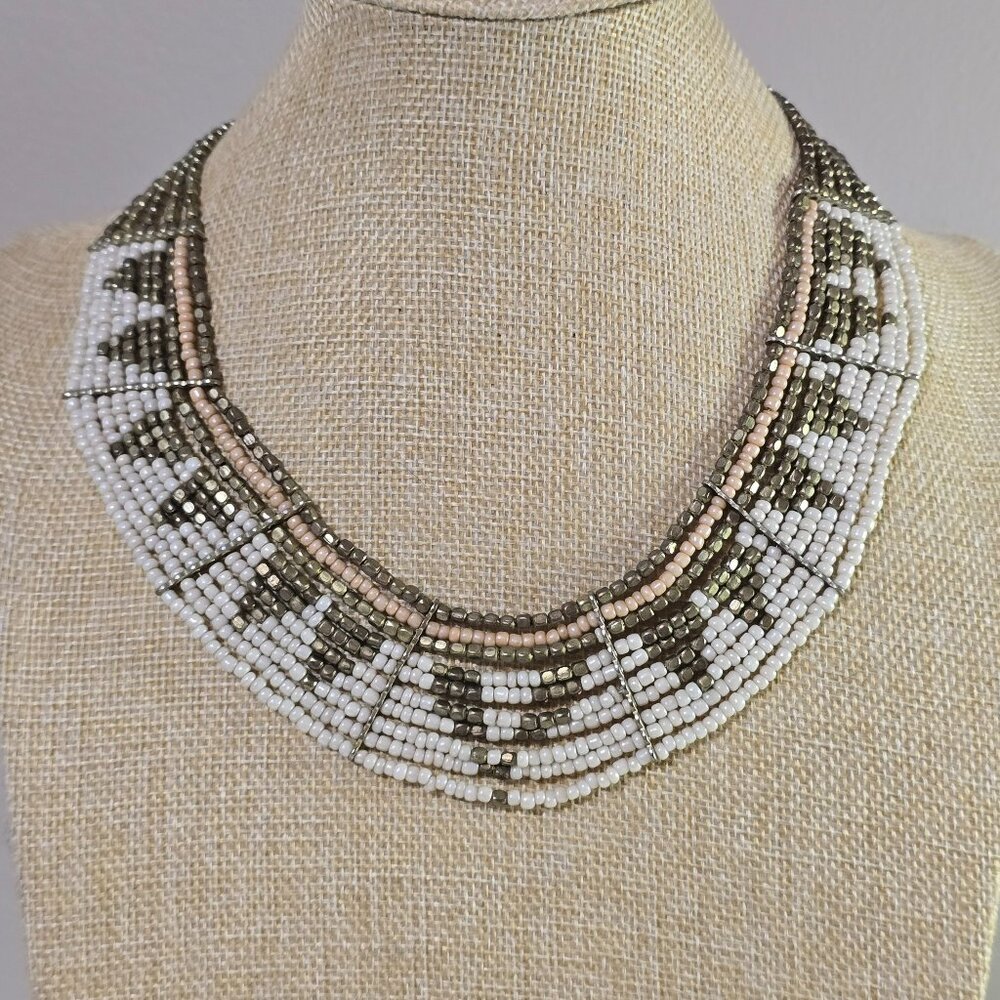 Collar Bib Style Pearlized Pink Bronze White Necklace